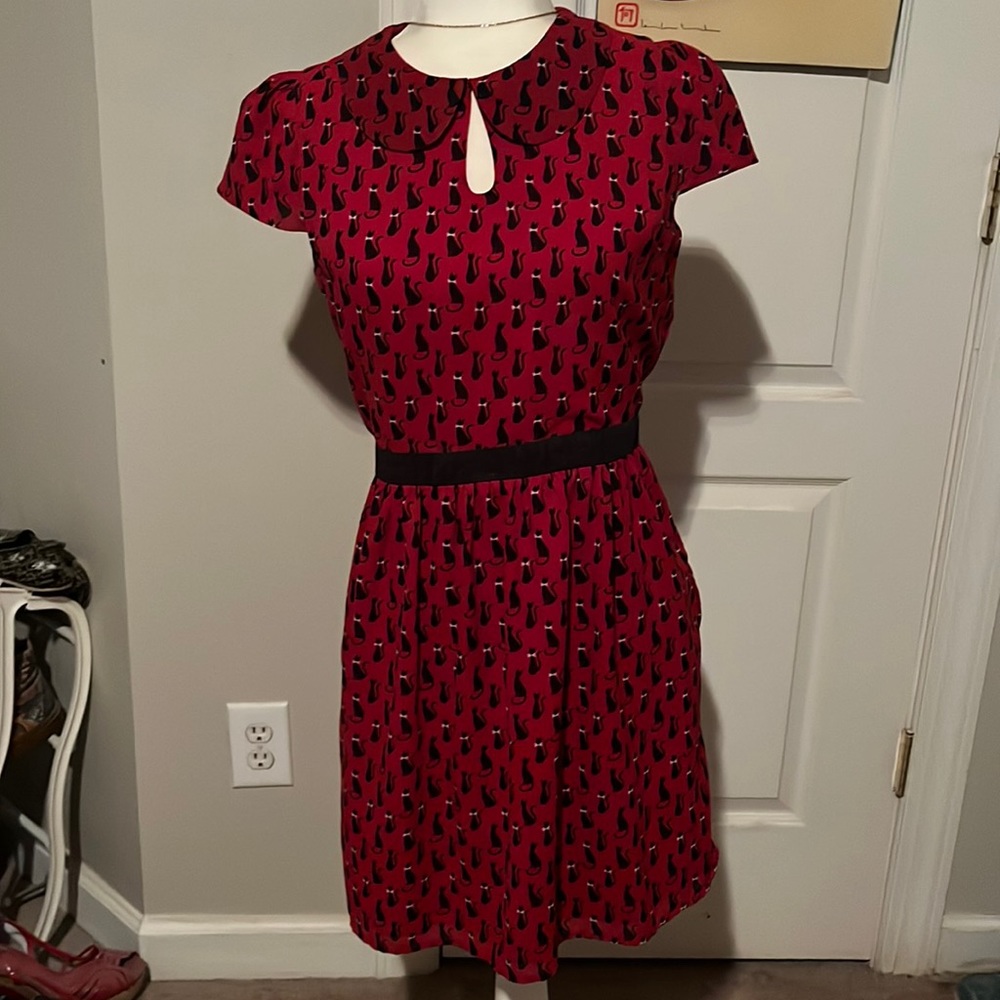 ModCloth Red Dress with Black Cat Print, size M